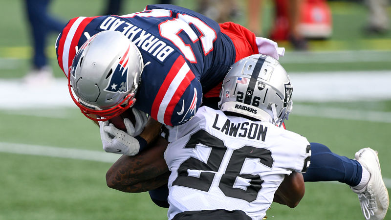 New England Patriots running back Rex Burkhead and Las Vegas Raiders cornerback Nevin Lawson