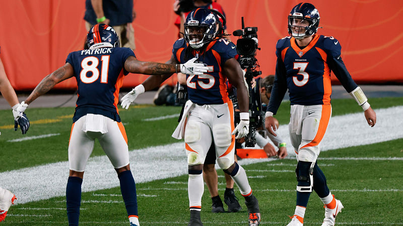 Denver Broncos wide receiver Tim Patrick, running back Melvin Gordon and quarterback Drew Lock