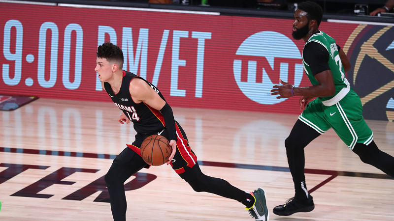 Miami Heat guard Tyler Herro and Boston Celtics guard Jaylen Brown