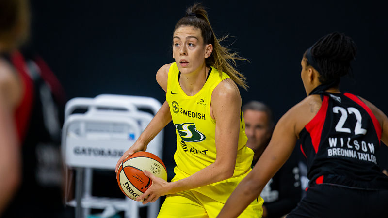 Seattle Storm forward Breanna Stewart and Las Vegas Aces forward A'ja Wilson
