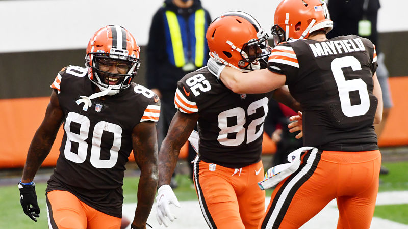 Cleveland Browns wide receivers Jarvis Landry and Rashard Higgins and quarterback Baker Mayfield
