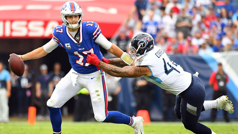 Buffalo Bills quarterback Josh Allen and Tennessee Titans linebacker Kamalei Correa