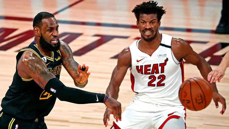 Los Angeles Lakers forward LeBron James and Miami Heat forward Jimmy Butler