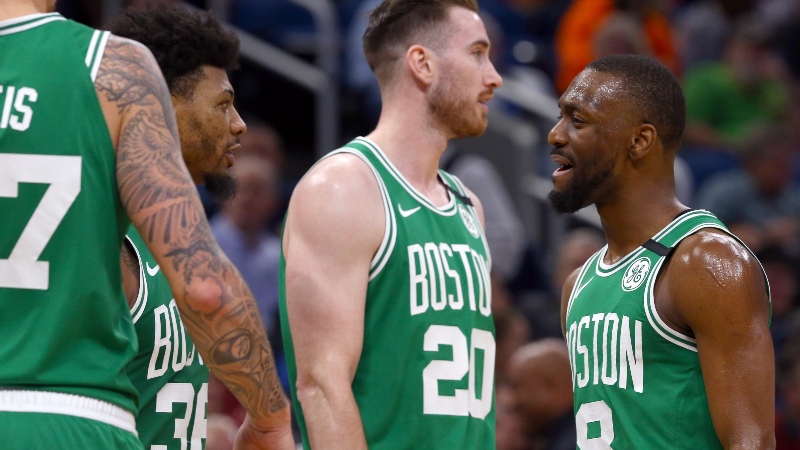 Boston Celtics guard Kemba Walker (8), guard Marcus Smart (36) and forward Gordon Hayward (20)