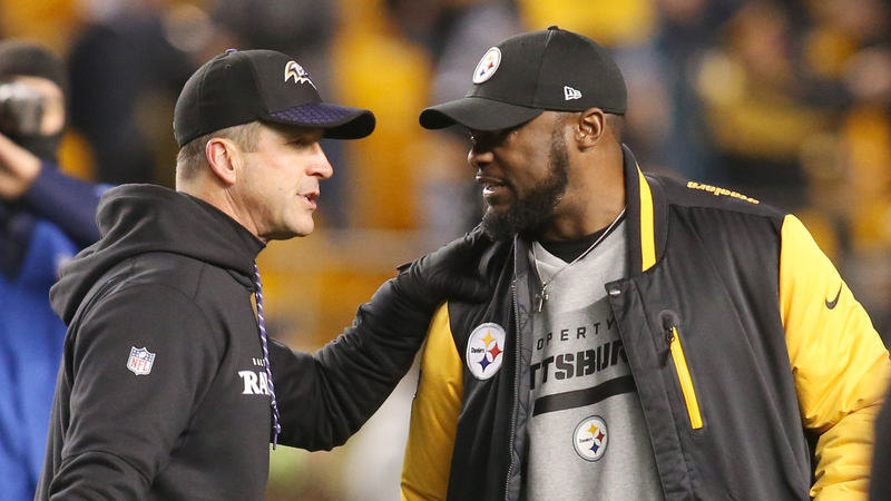 Pittsburgh Steelers coach Mike Tomlin, Baltimore Ravens coach John Harbaugh