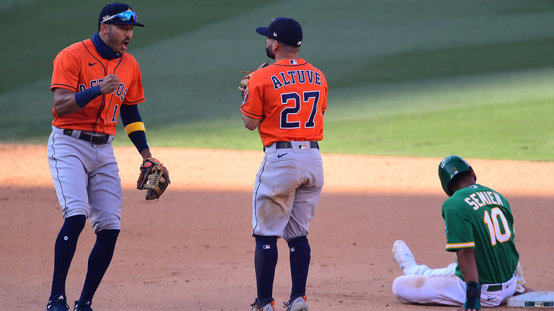 Oakland Athletics shortstop Marcus Semien, Houston Astros shortstop Carlos Correa, Houston Astros second baseman Jose Altuve