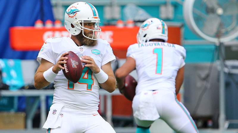 Miami Dolphins quarterbacks Ryan Fitzpatrick and Tua Tagovailoa