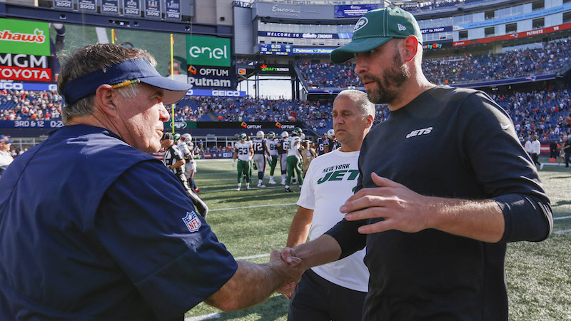 Patriots head coach Bill Belichick, Jets head coach Adam Gase