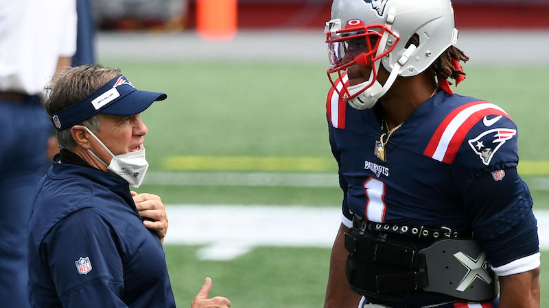 Patriots head coach Bill Belichick, quarterback Cam Newton