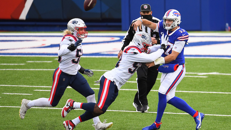 Patriots linebackers Chase Winovich, Josh Uche, Bills quarterback Josh Allen