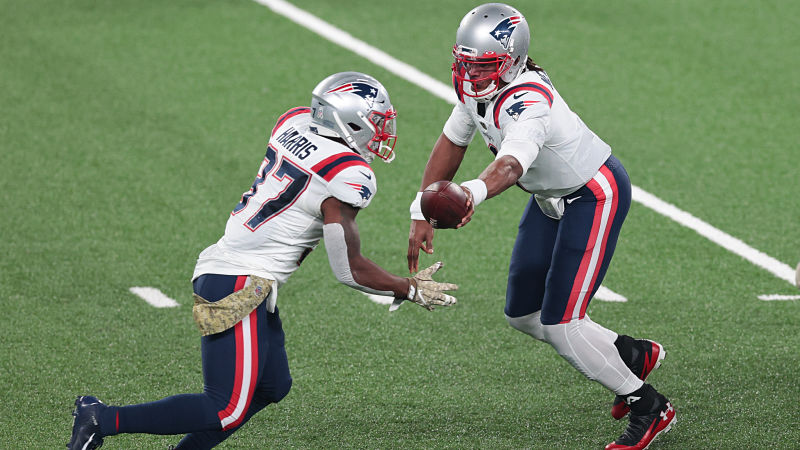 New England Patriots running back Damien Harris and quarterback Cam Newton