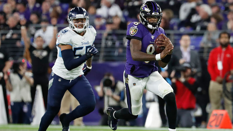 Tennessee Titans linebacker Harold Landry and Baltimore Ravens quarterback Lamar Jackson
