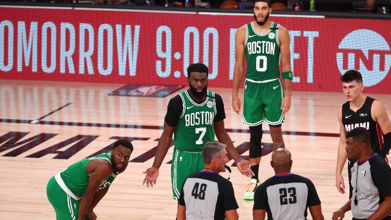 Boston Celtics guard Kemba Walker (left) and guard Jaylen Brown (7) and forward Jayson Tatum (0)