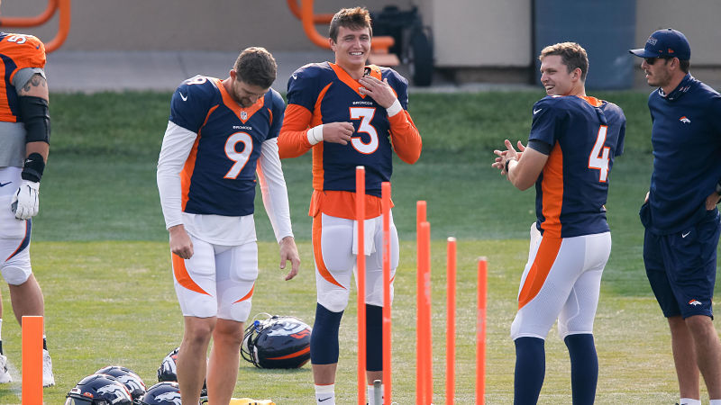 Denver Broncos quarterbacks Drew Lock, Jeff Driskel and Brett Rypien