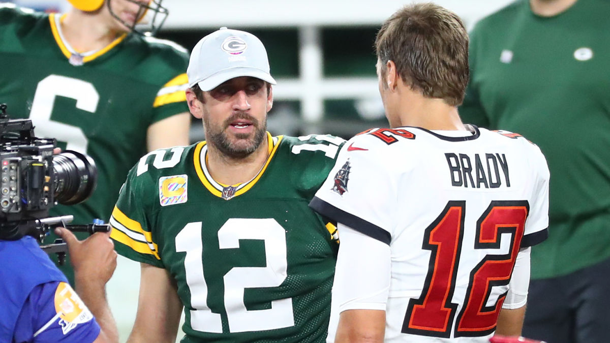 Tampa Bay Buccaneers quarterback Tom Brady and Green Bay Packers quarterback Aaron Rodgers