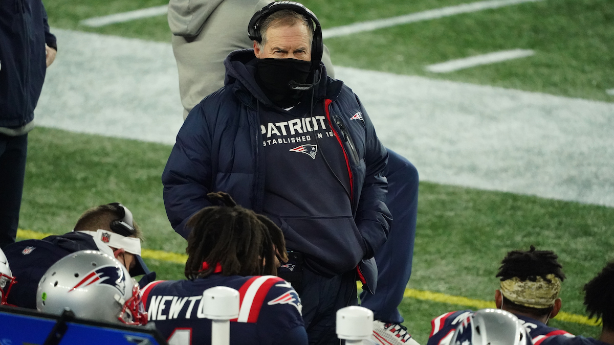Patriots head coach Bill Belichick, quarterback Cam Newton