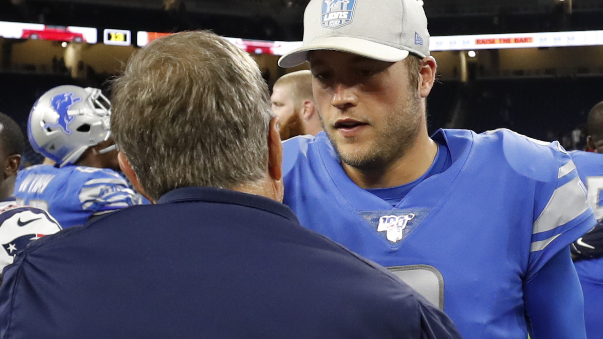 Patriots head coach Bill Belichick, Detroit Lions quarterback Matthew Stafford