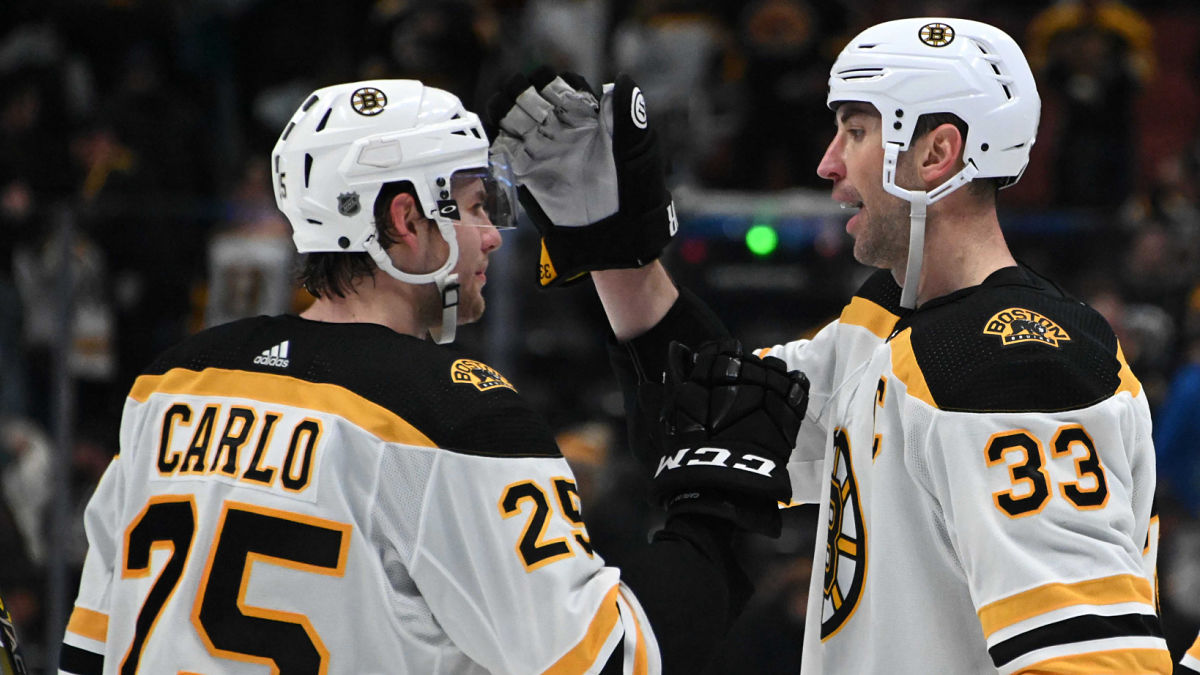 Boston Bruins Defenseman Brandon Carlo And Washington Capitals Defenseman Zdeno Chara