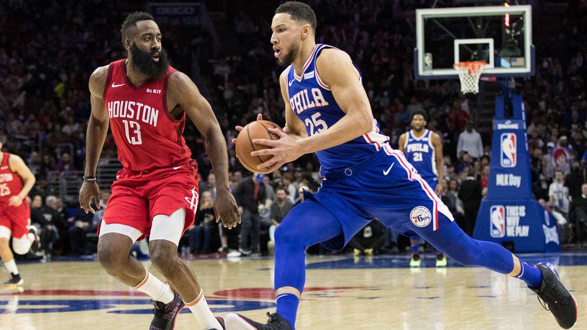 Houston Rockets guard James Harden and Philalphia 76ers guard Ben Simmons