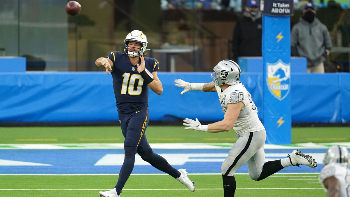 Los Angeles Chargers quarterback Justin Herbert and Las Vegas Raiders defensive end Maxx Crosby