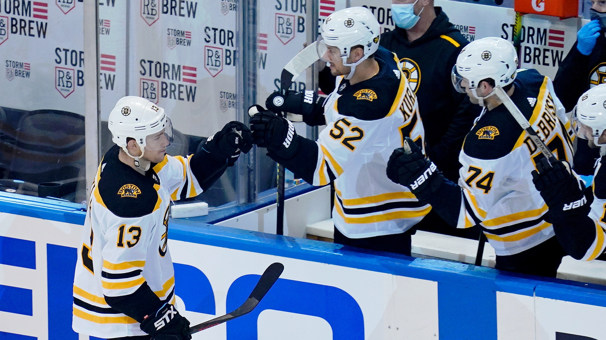 Boston Bruins forwards Charlie Coyle, Sean Kuraly, Jake DeBrusk