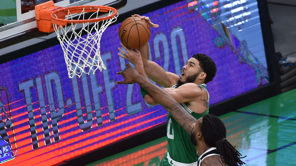 Boston Celtics forward Jayson Tatum and Brooklyn Nets center DeAndre Jordan