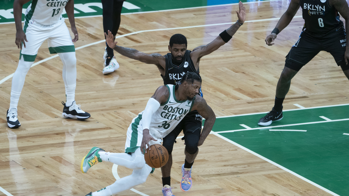 Boston Celtics point guard Marcus Smart, Brooklyn Nets point guard Kyrie Irving