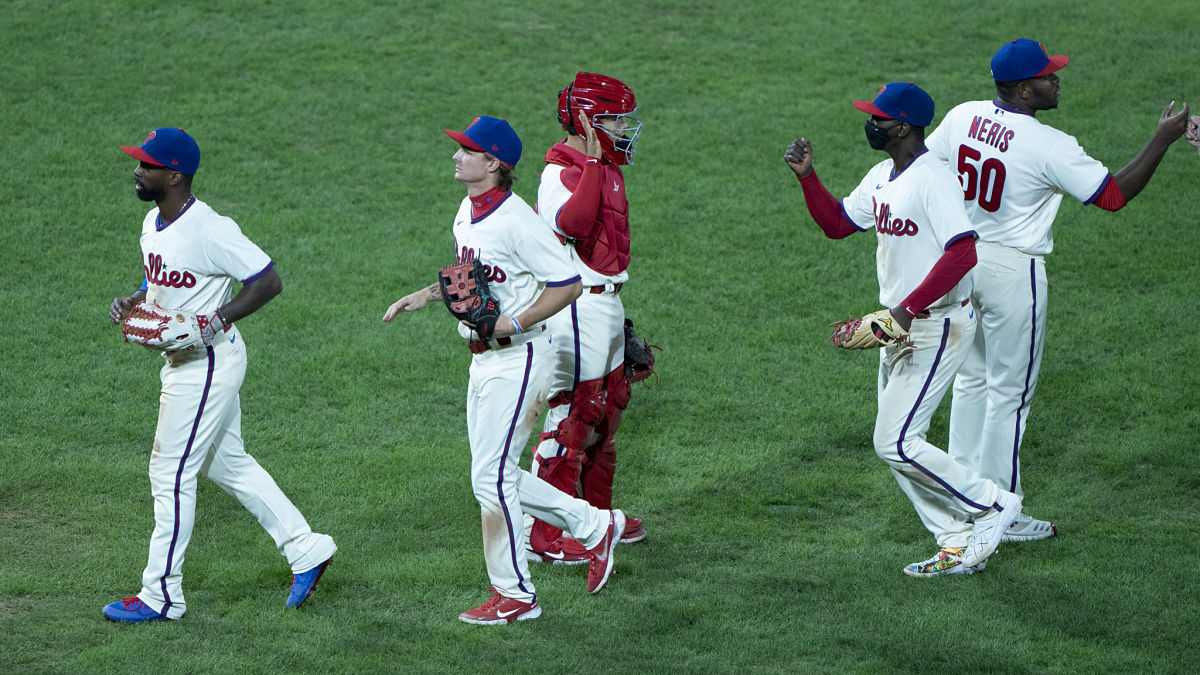Philadelphia Phillies catcher Rafael Marchan and center fielder Roman Quinn