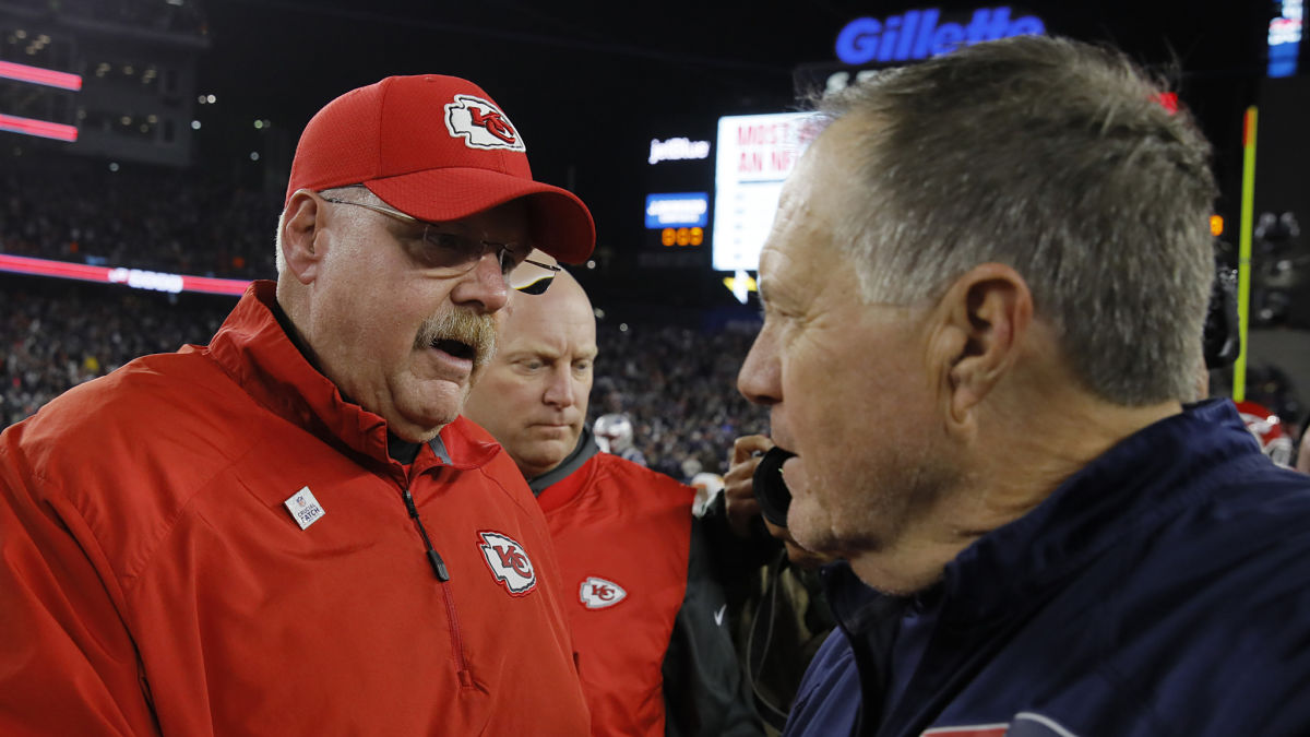 Kansas City Chiefs head coach Andy Reid, New England Patriots head coach Bill Belichick
