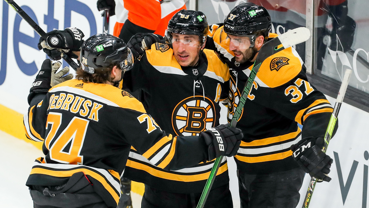 Boston Bruins Forwards Jake DeBrusk, Brad Marchand And Patrice Bergeron