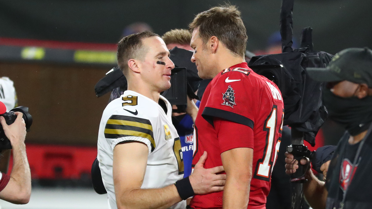 New Orleans Saints Quarterback Drew Brees And Tampa Bay Buccaneers Quarterback Tom Brady