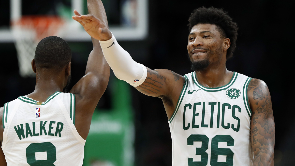 Oklahoma City Thunder Guard Kemba Walker And Boston Celtics Guard Marcus Smart
