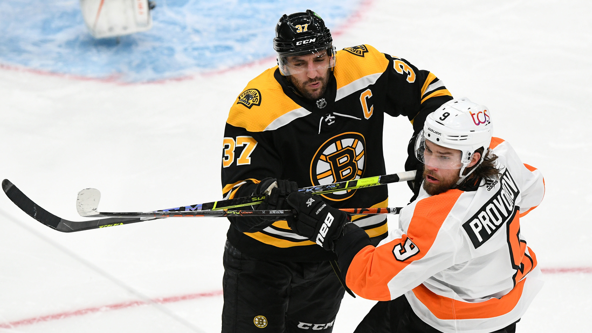 Boston Bruins center Patrice Bergeron, Philadelphia Flyers defenseman Ivan Provorov