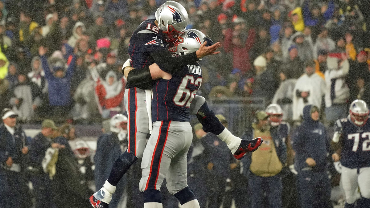 Tampa Bay Buccaneers quarterback Tom Brady and New England Patriots left guard Joe Thuney