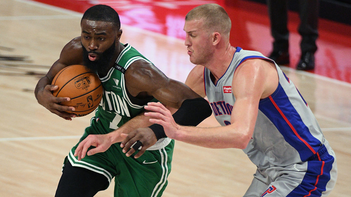 Boston Celtics guard Jaylen Brown and Detroit Pistons center Mason Plumlee