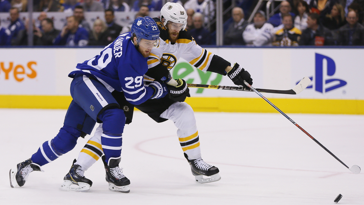 Boston Bruins defenseman Kevan Miller, Toronto Maple Leafs winger William Nylander