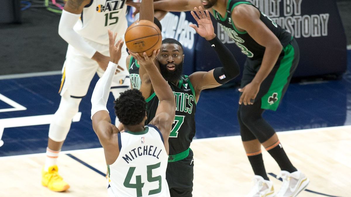 Utah Jazz guard Donovan Mitchell, Boston Celtics guard Jaylen Brown