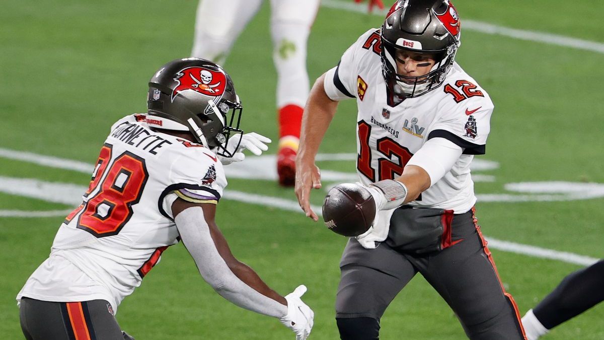 Tampa Bay Buccaneers quarterback Tom Brady, running back Leonard Fournette