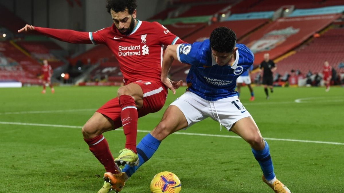 Liverpool forward Mohamed Salah (left) and Brighton midfielder Steven Alzate