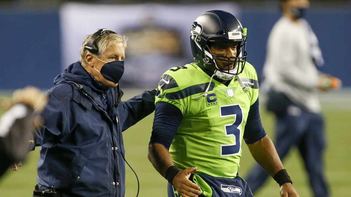 Seattle Seahawks head coach Pete Carroll, quarterback Russell Wilson