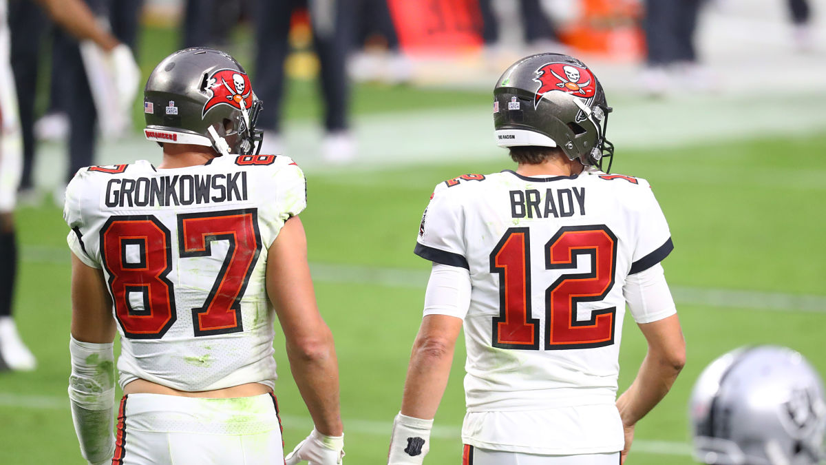 Tampa Bay Buccaneers tight end Rob Gronkowski, quarterback Tom Brady