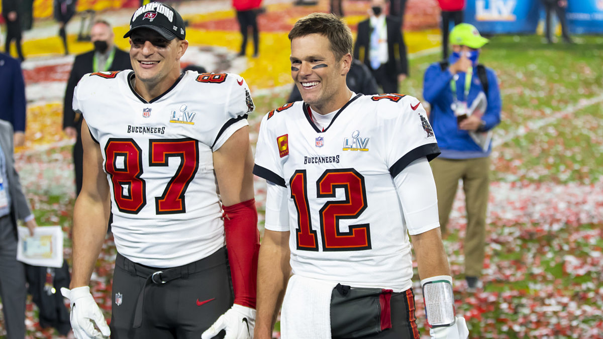 Tampa Bay Buccaneers tight end Rob Gronkowski and quarterback Tom Brady