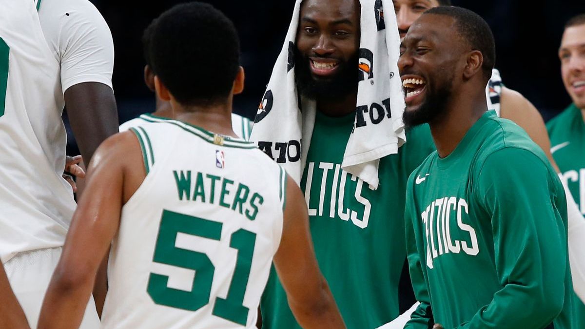 Boston Celtics guards Tremont Waters, Kemba Walker