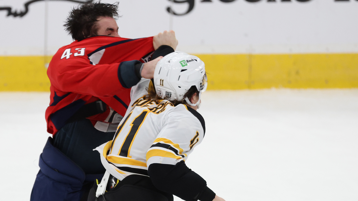 Boston Bruins forward Trent Frederic, Washington Capitals forward Tom Wilson