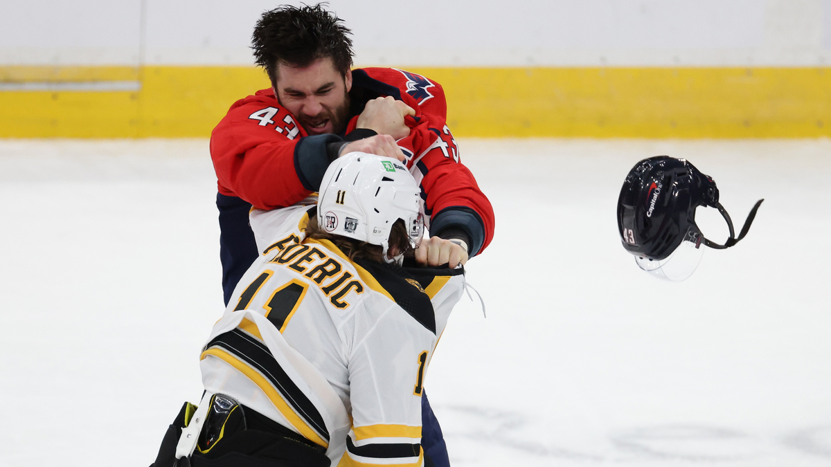 Boston Bruins forward Trent Frederic, Washington Capitals winger Tom Wilson