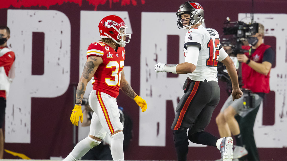 Kansas City Chiefs safety Tyrann Mathieu and Tampa Bay Buccaneers quarterback Tom Brady