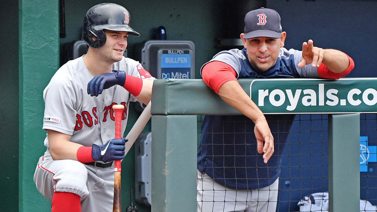 Kansas City Royals outfielder Andrew Benintendi, Boston Red Sox manager Alex Cora