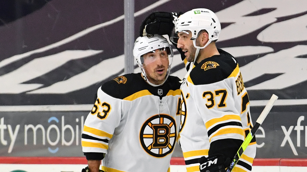 Boston Bruins forwards Brad Marchand and Patrice Bergeron