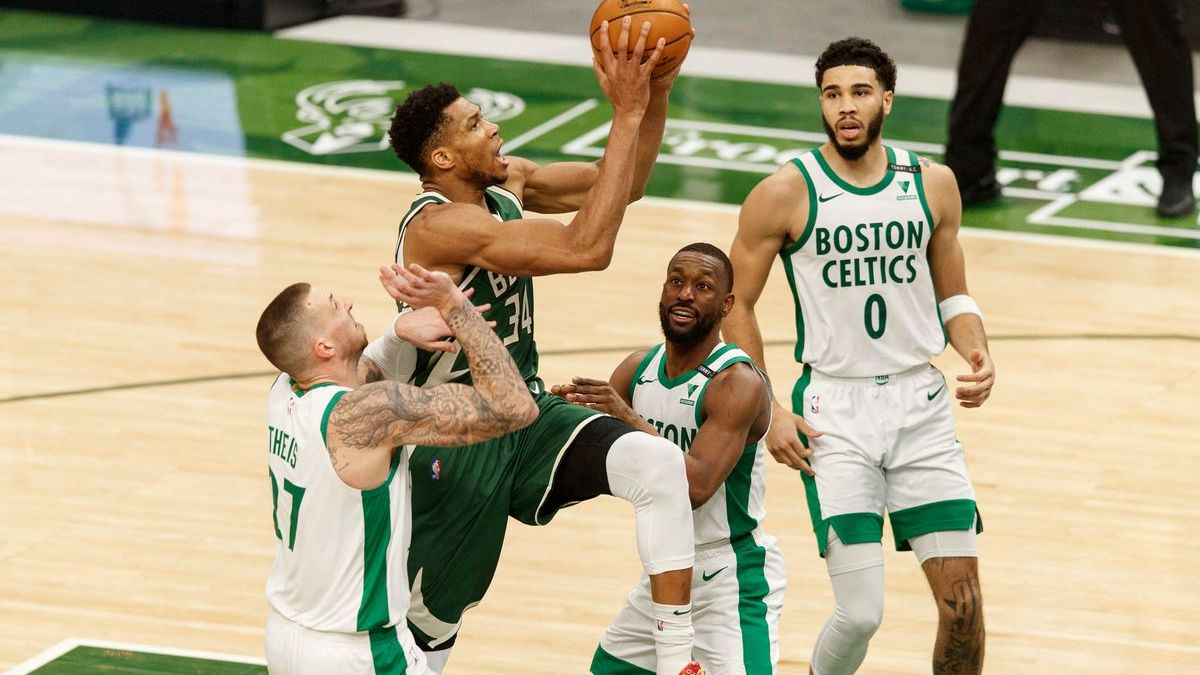 Milwaukee Bucks forward Giannis Antetokounmpo, Boston Celtics center Daniel Theis, guard Kemba Walker, forward Jayson Tatum