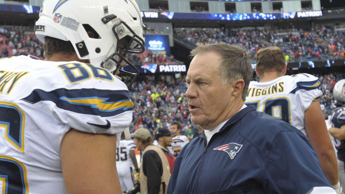 New England Patriots tight end Hunter Henry, head coach Bill Belichick